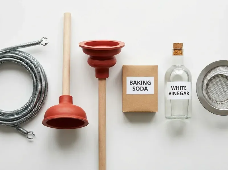 drain snake plunger baking soda vinegar and strainer flat lay