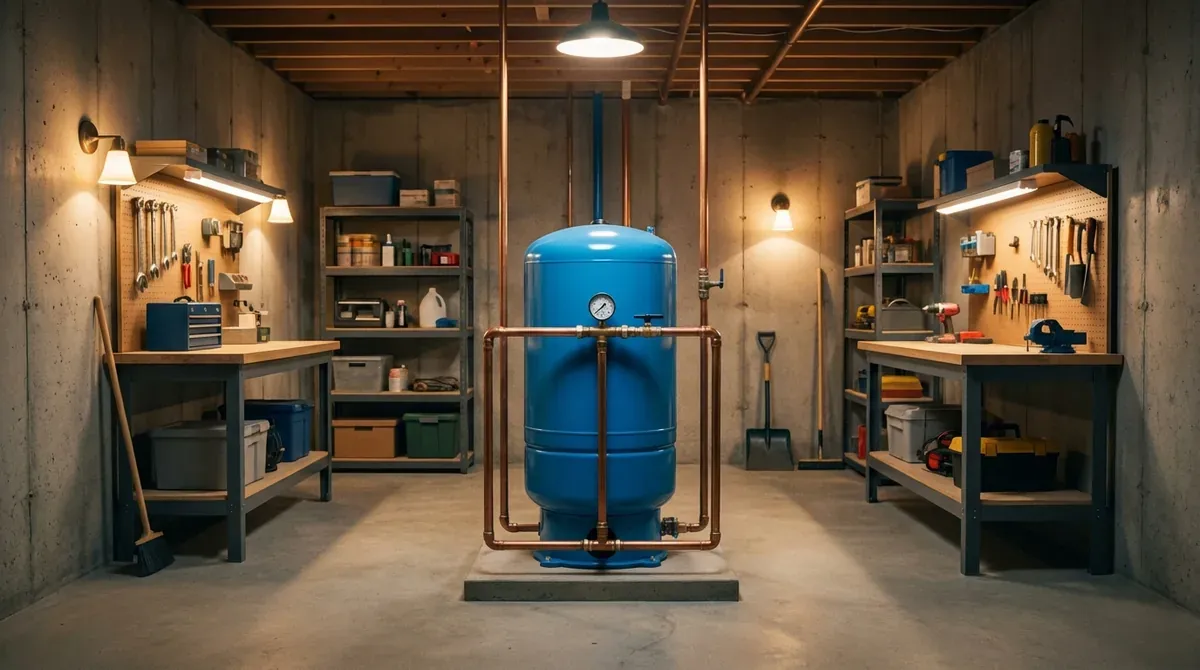 residential basement well pump pressure tank with copper pipes