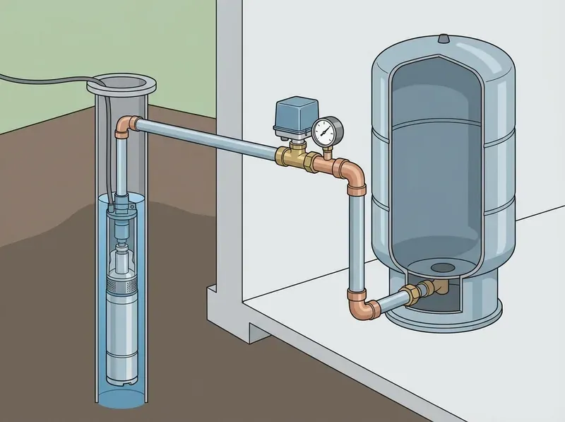 cutaway diagram of submersible well pump pressure tank system